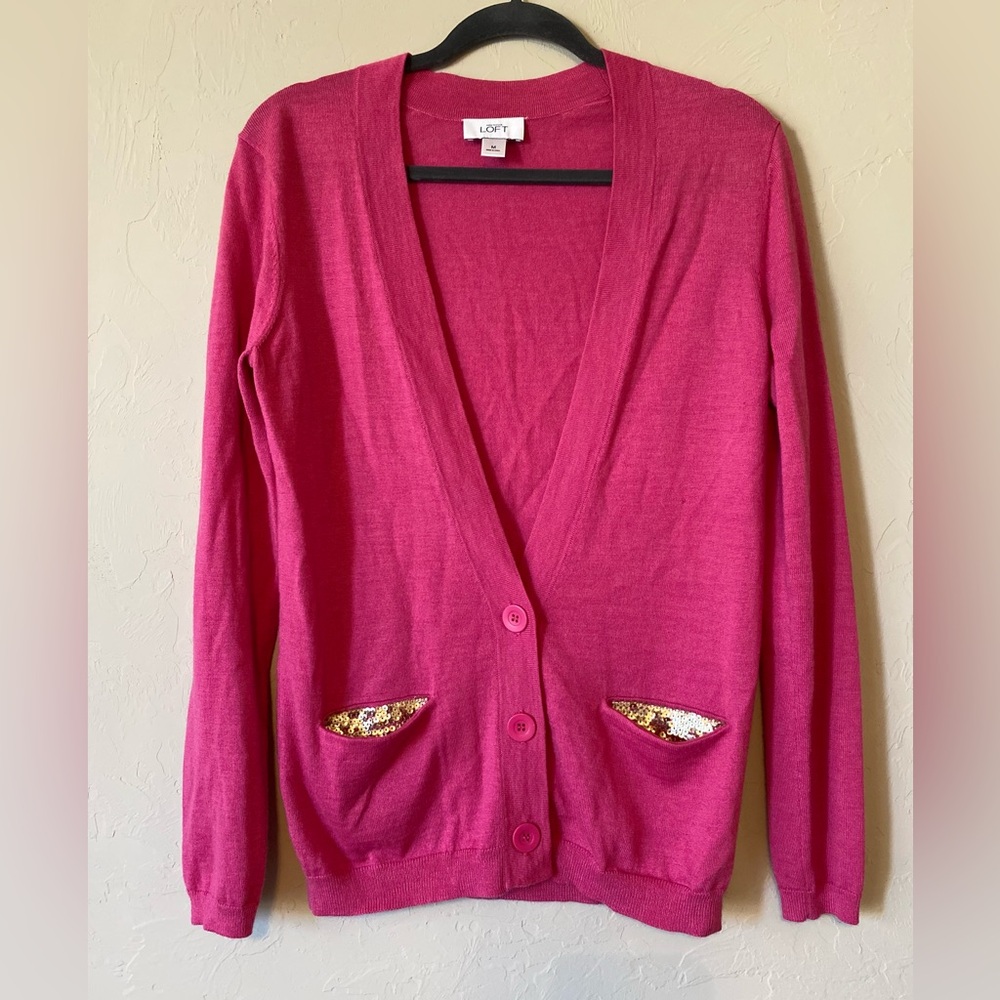 Ann Taylor Loft Pink Sequin Gold Pocket Cardigan S
